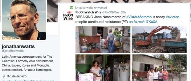 The Guardian's Jonathan Watts retweets from @RioONWire